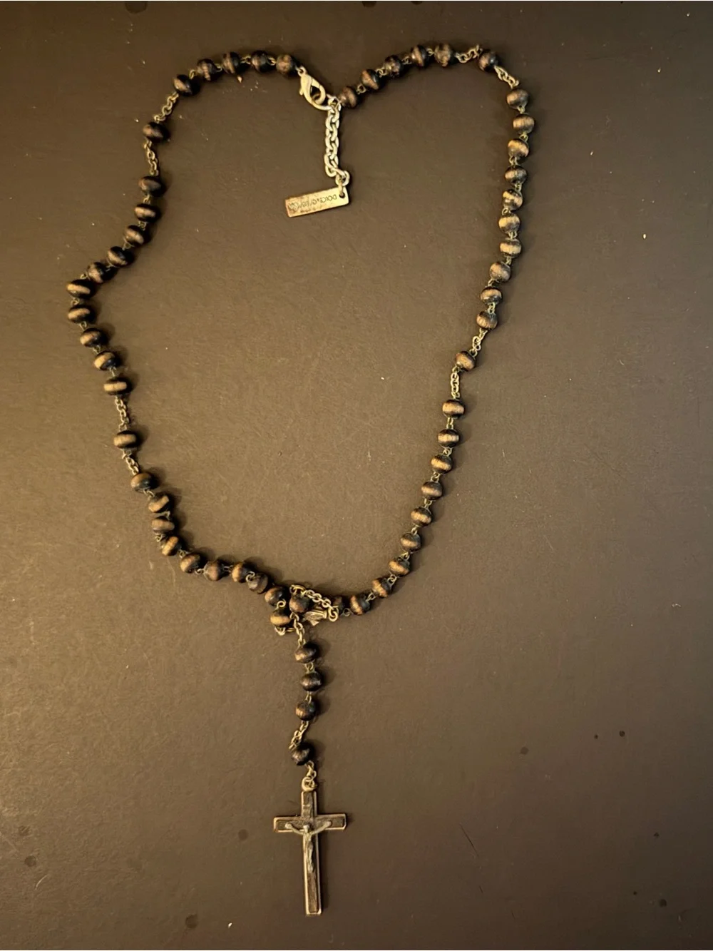 Vintage Dolce & Gabbana Wood Bead Rosary Necklace Crucifix DG Logo Plate Y2K